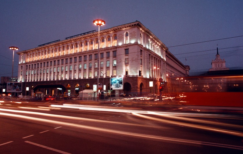 Twilight view of the exterior of the Tzum Building located in dowtown Sofia, Bulgaria